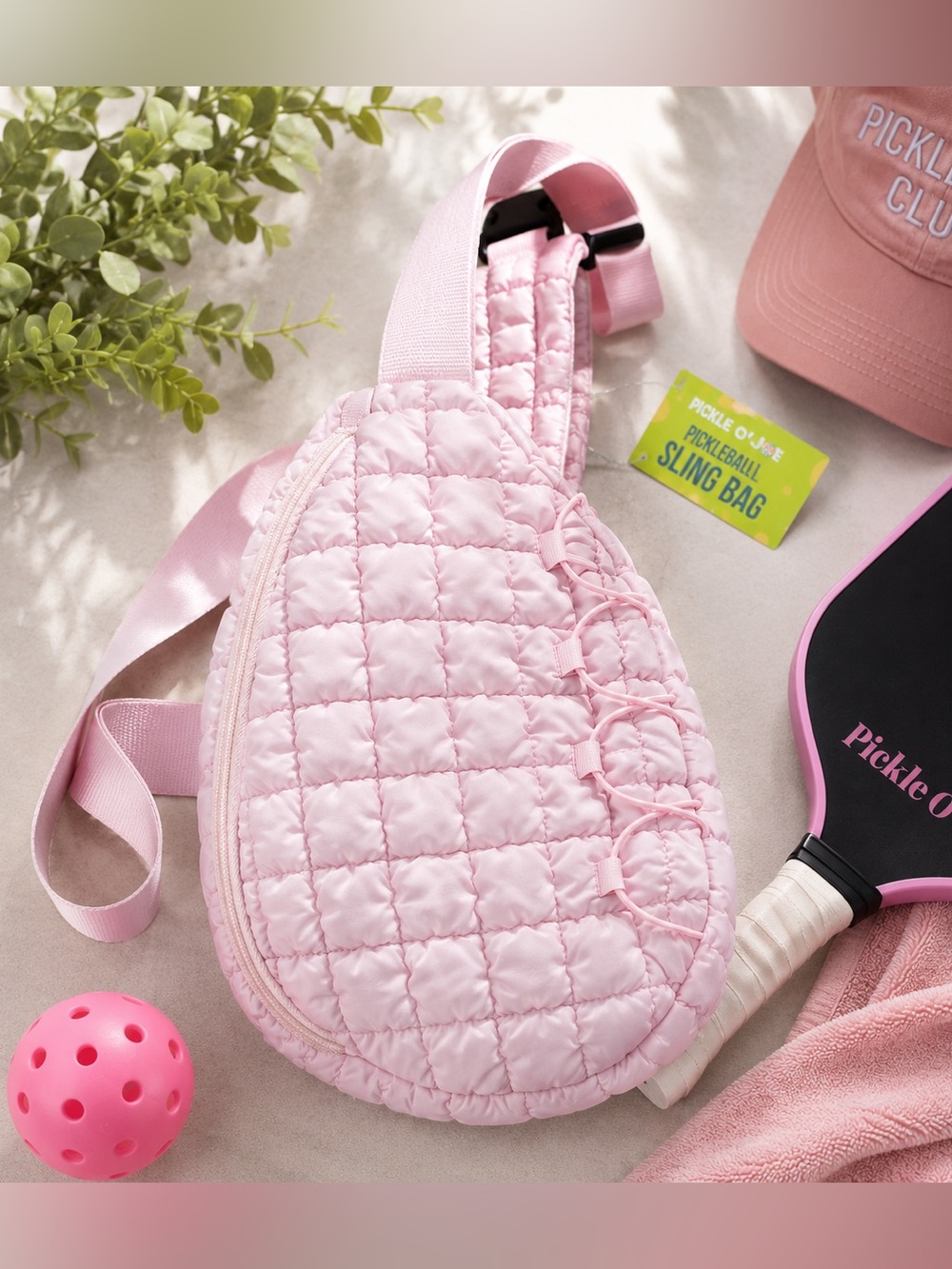 Pickle O’ Joe Quilted Pickleball Sling Bag Blush Pink Paddle Crossbody